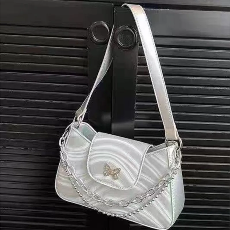 Silver Butterfly Design Shoulder Bag Women Chain Water Wave Leather Underarm Handbag Ladies Hot Girl Y2k Aesthetic Crossbody Bag