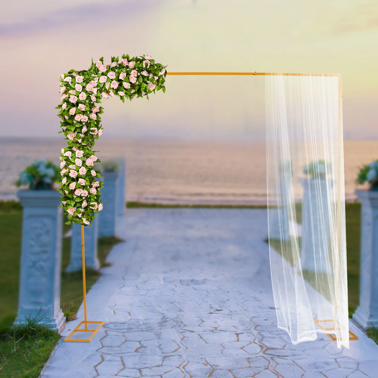 

2.4x2.4M Metal Wedding Stand, Square Iron Wedding Backdrop Stand, Wedding Arch Stand Gold/White