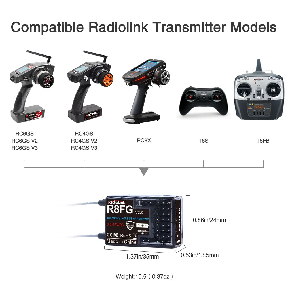 Boîte contenant le récepteur gyroscopique 2.4GHz Radiolink R7FG avec accessoires.