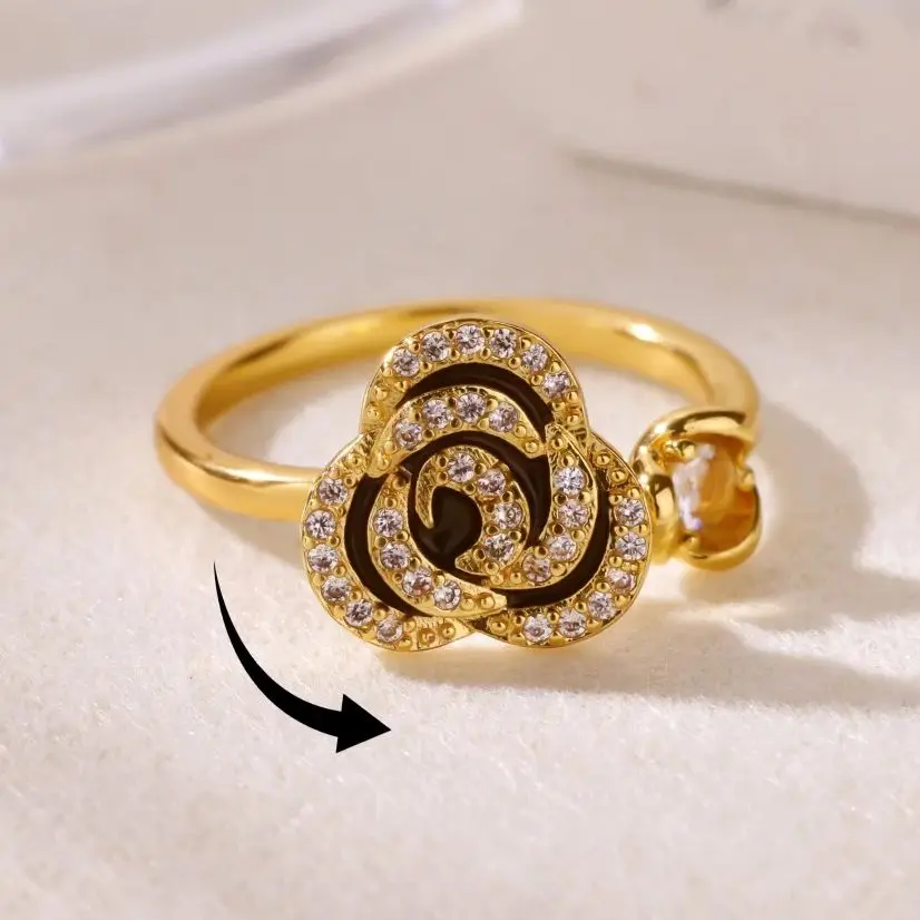 Zircon Flower Fidget Spinner Ring Anxiety for Women Gold Color Stainless Steel