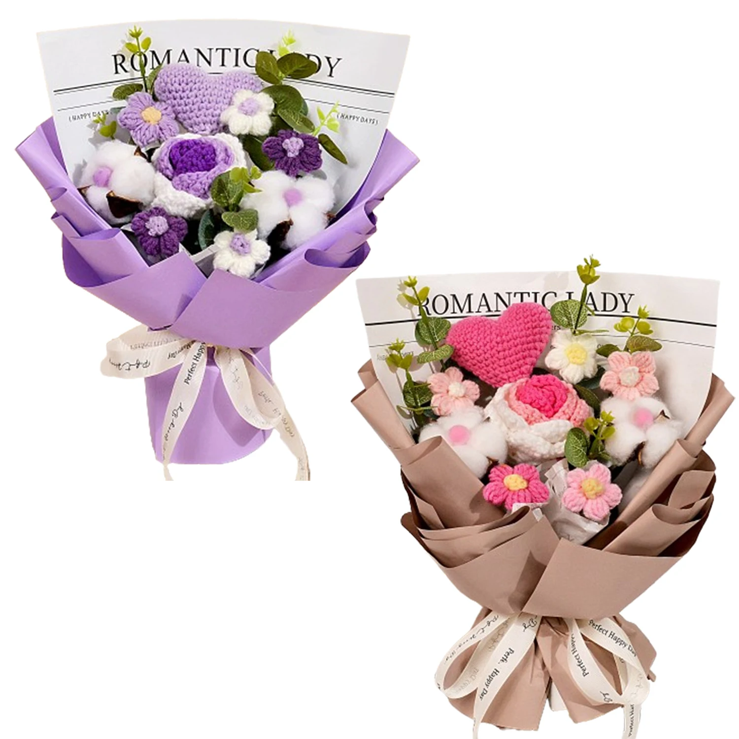 1 Set handgefertigter gehäkelter Rosenstrauß in Rosa und Lila, gestrickter künstlicher Rosenblumenstrauß, tolles Blüten-Set, Geschenk für Freundin