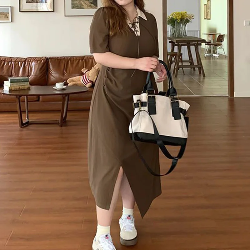 Fashion Mocha Black Polo-Neck Lacing Irregular Dresses Summer Clothes for Women Office Lady Splicing Plus Size Split Long Dress