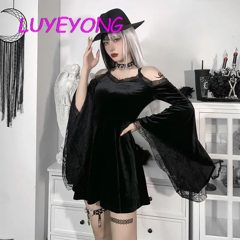 

Off Shoulder V Neck Women Autumn Mini Dress Long Flare Sleeve Lace Slim Sexy Dresses Black Gothic Lady Cool Street Empire Wear