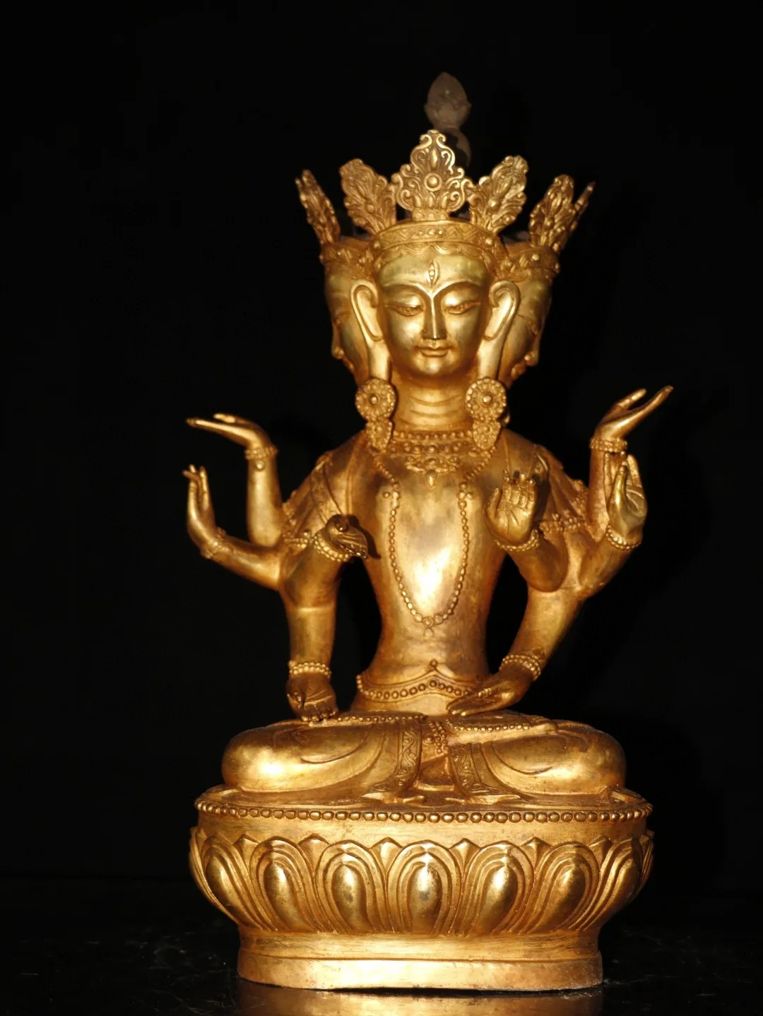 

19" Tibetan Temple Collection Old Bronze Gilt Four-headed and eight-armed Manjushri Bodhisattva lotus platform worship buddha