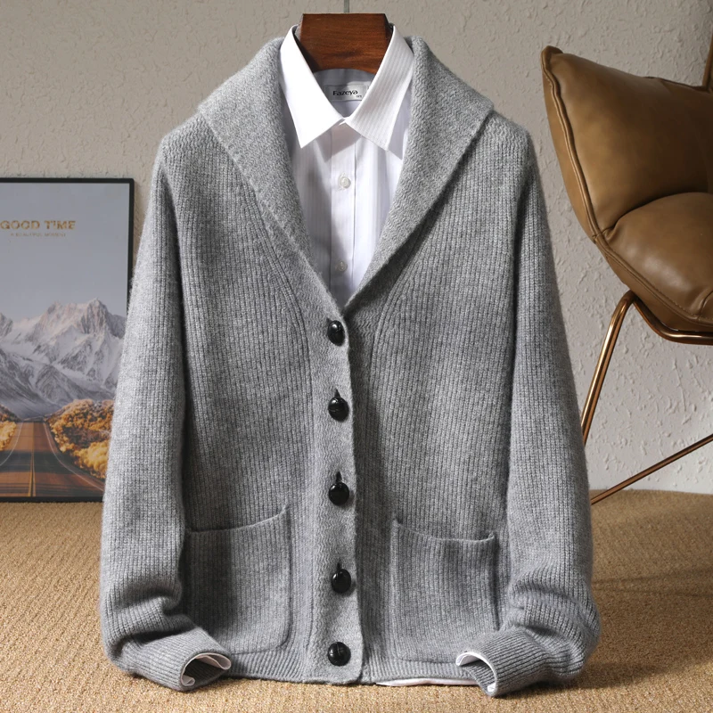 Autumn and winter new 100% pure cashmere knit cardigan men's anti-collar solid color padded sweater with business and leisure co 2