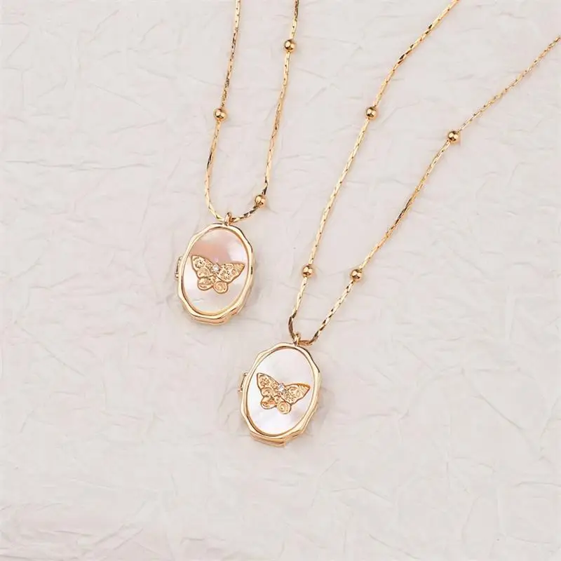 Custom Butterfly White Shell Locket Neckalce for Women Photo Frame Album Necklaces Valentine's Day Gift Stainless Steel Jewelry
