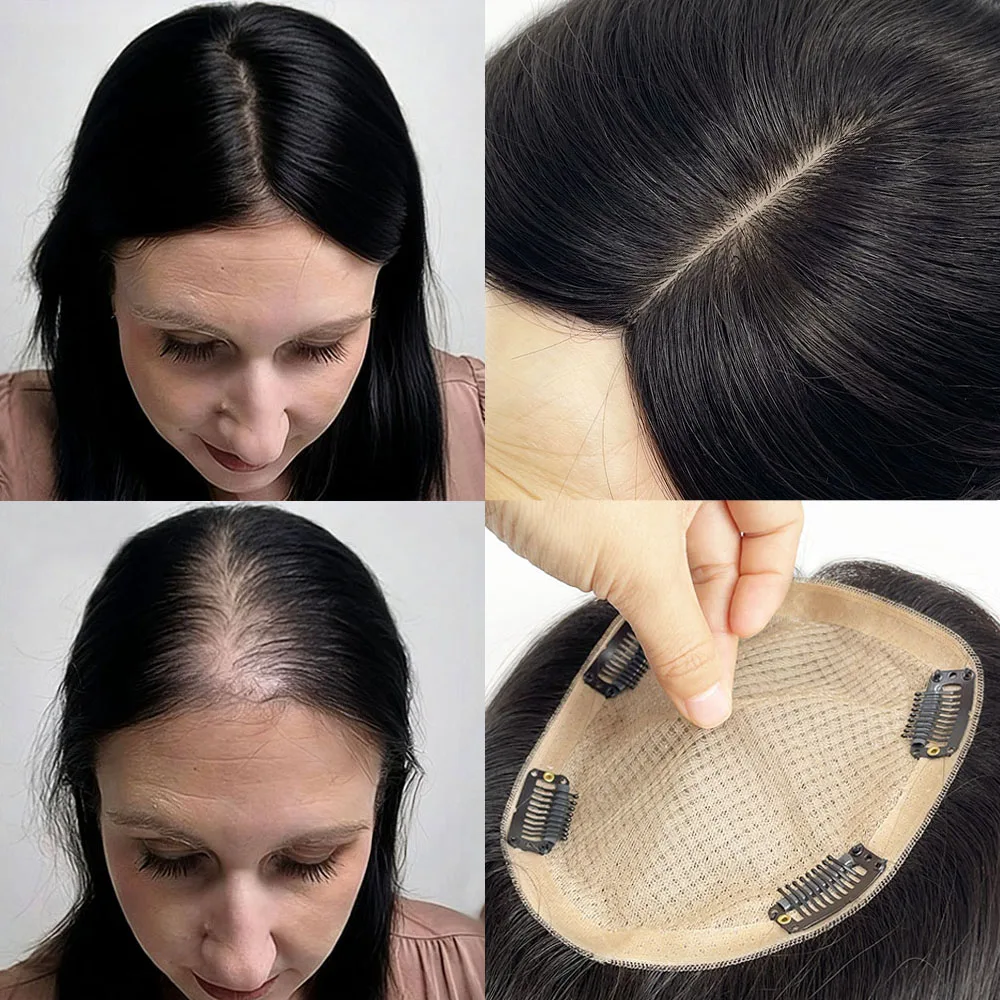 Topper per capelli umani con base in seta, capelli Remy europei lisci, completamente annodati a mano, morbidi e traspiranti, con clip per donna - immagine 6