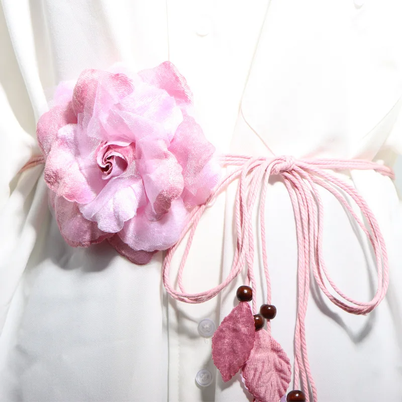 2024 Casual Wild Chiffon Big Flower Lady Thin Belt Sweet Tassel Braid Decoration Elegant Handmade Flower Fine Women Dress Belt