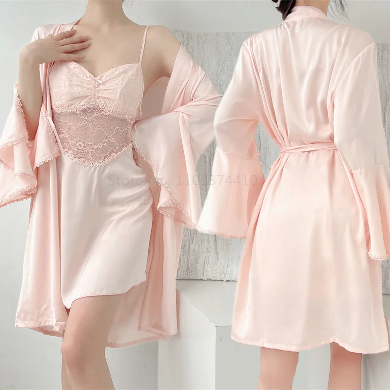 

Комплект женского свадебного халата, пикантная кружевная ночная рубашка с цветами, вискозное кимоно, халат, одежда для сна, мешковатое нижнее белье