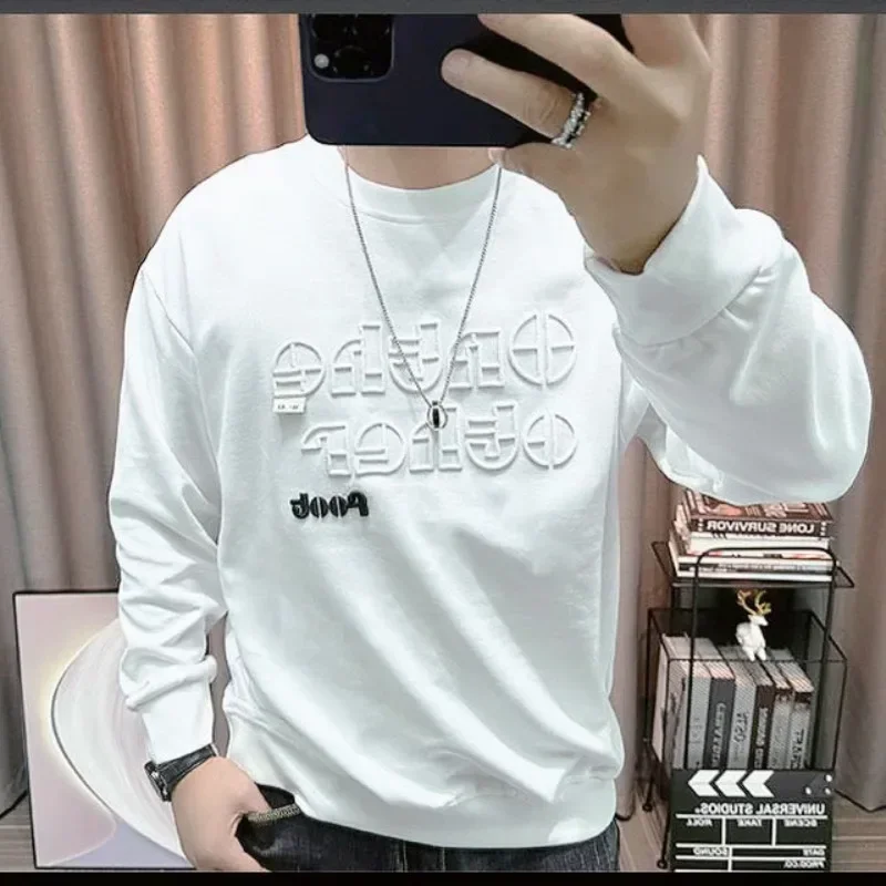 thumbnail image 1 of Sudaderas para hombre con letras bordadas, ropa para hombre, jersey blanco ajustado, sin capucha, cálido, de algodón, elegante, a bajo precio, 1 of 4