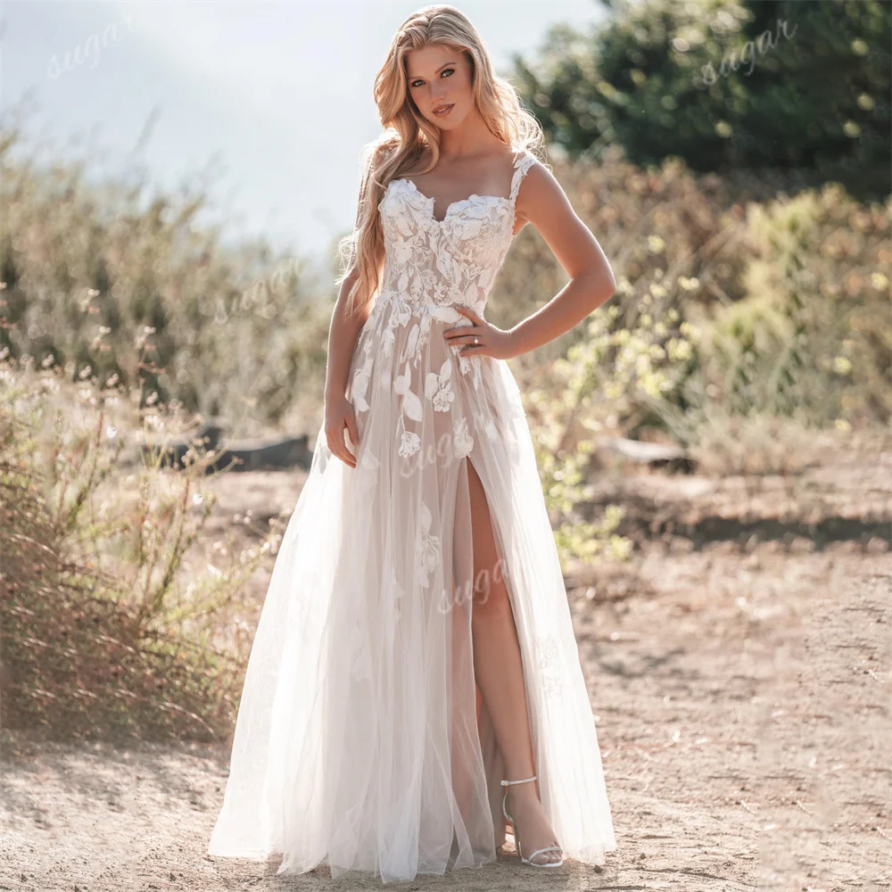 

V Neck Lace Applique Wedding Dresses For Women Elegant A Line Wedding Gowns Sexy High Slit Bridal Dress Princess vestido novia