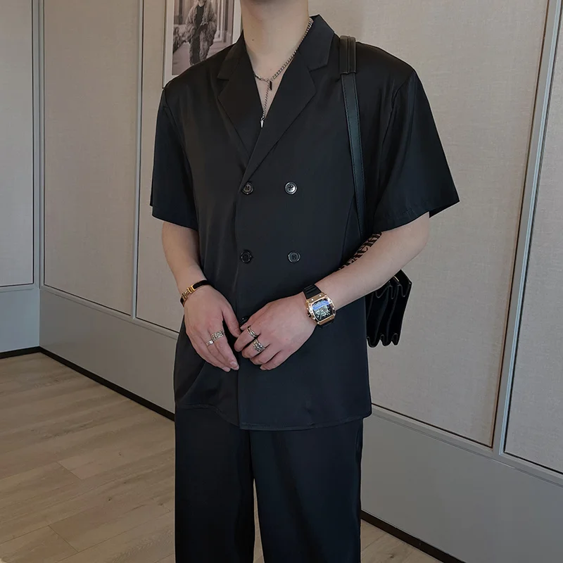 Summer Sets Men Fashion Double Breasted Short Sleeve Shirt/Trousers Two Piece Set Men Korean Loose Ice Silk Sets Mens Formal Set 3