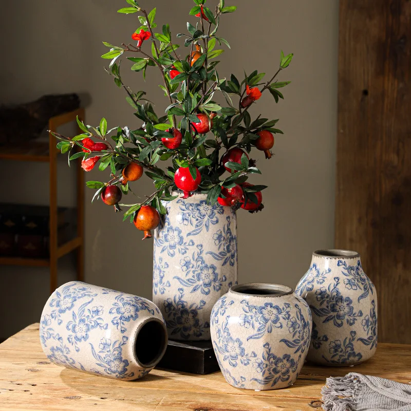 

Новая сине-белая фарфоровая ваза в китайском стиле, ретро украшения для гостиной в виде трещин льда, Высококачественная Античная Цветочная композиция