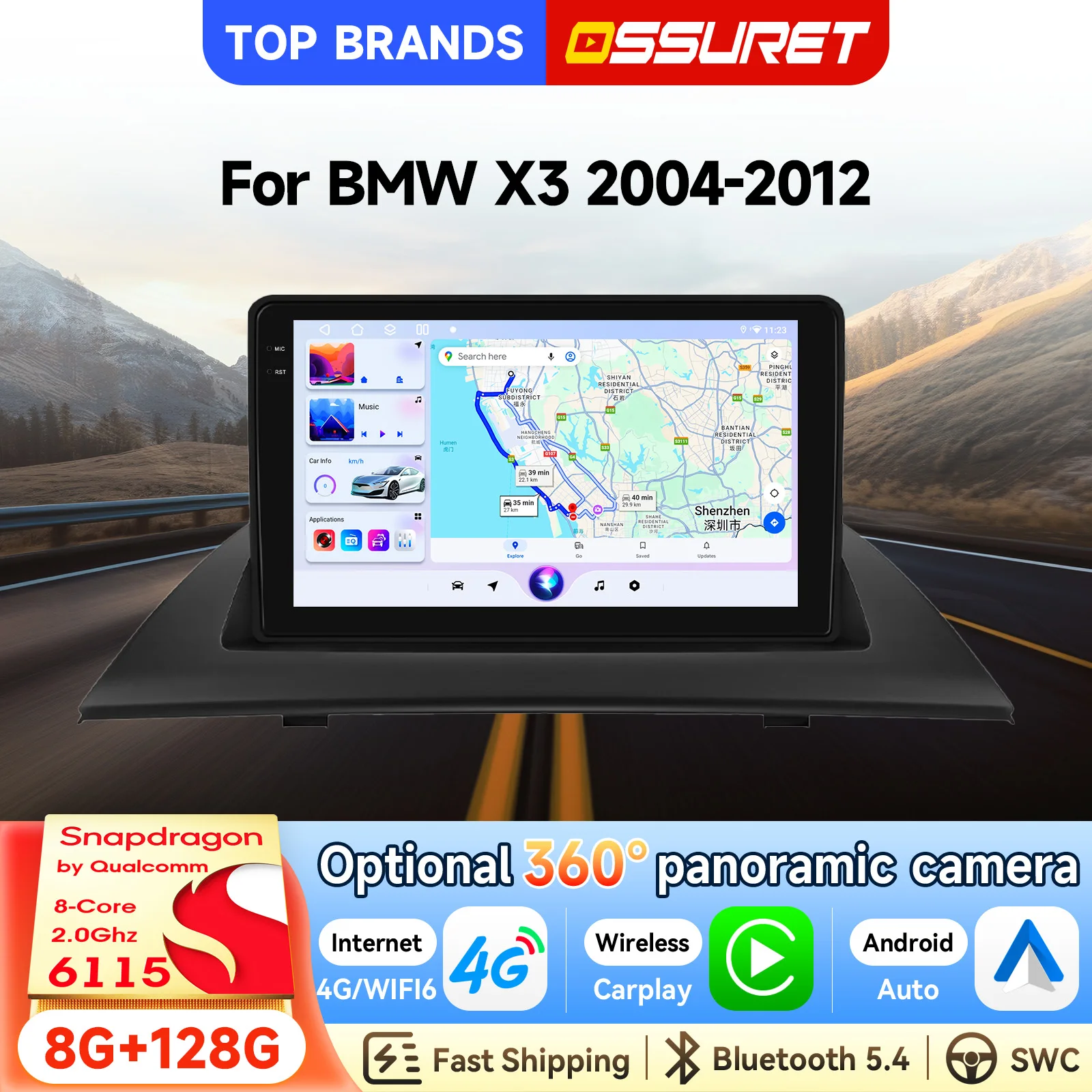 OSSURET Gran Oferta, Radio de Auto con Pantalla Táctil de 9 Pulgadas 6115, Navegación GPS para BMW X3 E83 2004-2012, Plug and Play, Android 14, Radio para Auto con AKM DSP, Ecualizador de 32 Bandas, CarPlay Inalámbrico, Android Auto, Unidad 4G, Audio HiFi, Pantalla HD Antirreflejos de Amplio Ángulo de Visión, Sistema Multimedia para Auto 1