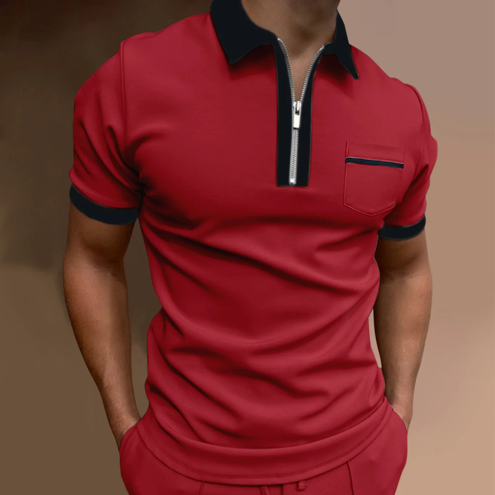 

Men Polo Shirt 2023 Spring Men's Print Casual Short Sleeve Zipper Solid Color Pocket T Shirt for Men