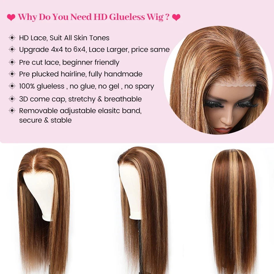 Wear And Go Glueless Wig Malaysian Straight Highlight Wig Preplucked 6x4 HD Lace Closure Glueless Ready To Wear human hair wig lace front wig human hair wigs