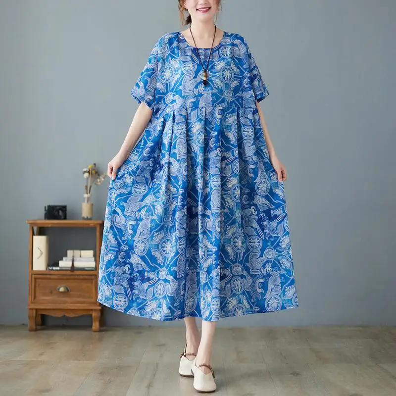 

Женское свободное платье с круглым вырезом Dimanaf, зеленое льняное платье без отделки с цветочным рисунком, летнее платье 2024