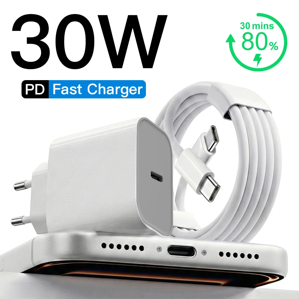 Chargeur rapide PD 30W pour iPhone Pro Max Plus, câble de charge rapide USB C vers Lightning, adaptateur secteur Type C vers C