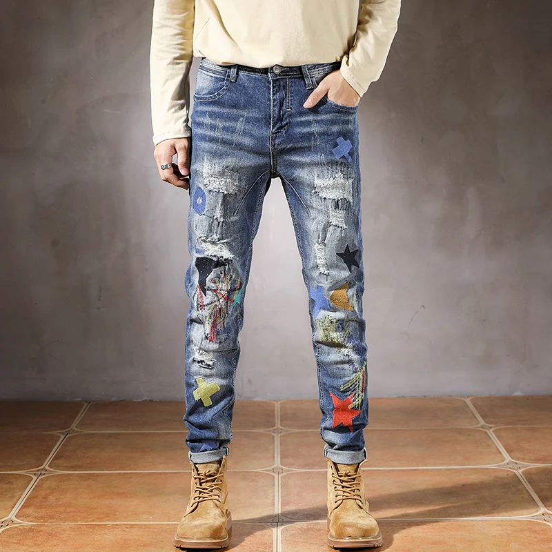

Рваные джинсы для мужчин, уличная одежда, хип-хоп, потертые нищие брюки, облегающие Стрейчевые синие черные джинсовые брюки, оригинальные мужские джинсы, роскошные