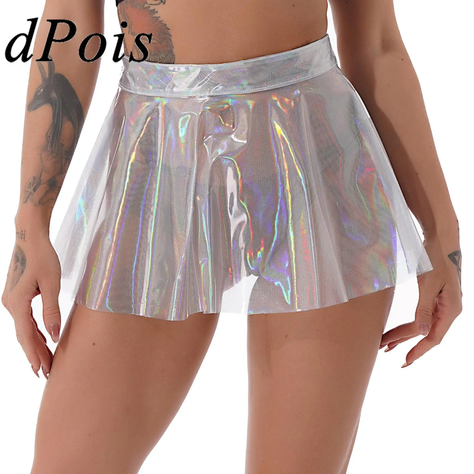 

Womens Glossy Shiny High Waist Zipper Back Miniskirt See-through Flared Mini Skirt for Stage Performance Rave Party Clubwear