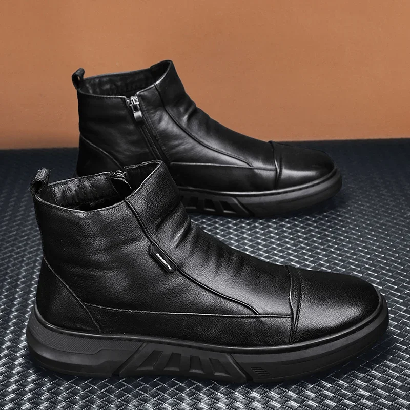 Leather Boots Man Full Black Men's Snow Boot Casual Ankle Mans Shoes Easy To Clean Trendy All-match Lightweight Mans Winter Shoe Outdoor Boots Men Leather Boots