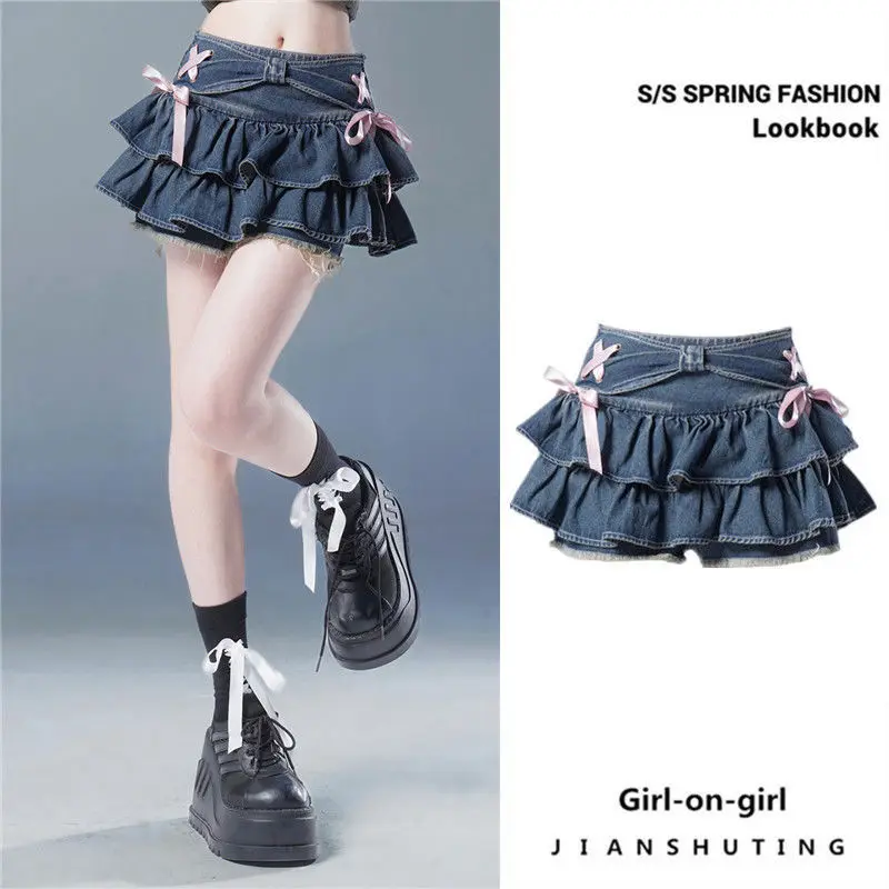 Blue denim pleated bow design women's A-line short skirt integrated with American hot girl Korean fashion pants.