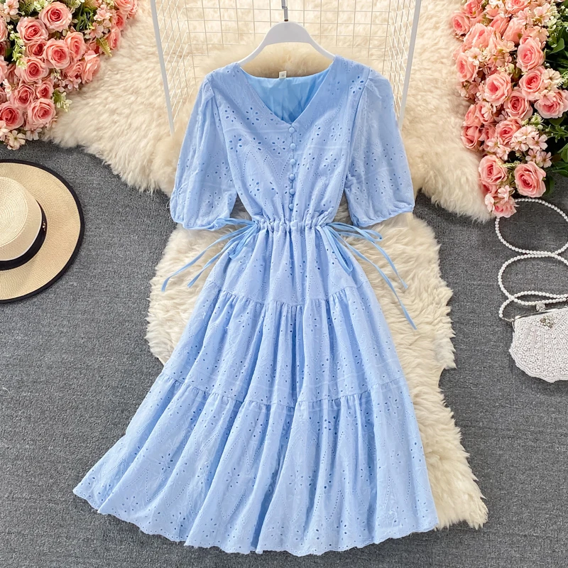 

Женское вечернее платье из хлопка и льна, элегантное ажурное свободное платье миди с V-образным вырезом и коротким рукавом, лето 2019