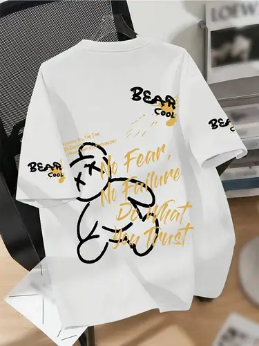 Summer men's round neck breathable T-shirt with cartoon bear print pattern suitable for daily and weekend gifting to friends - Image 2