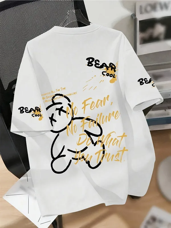 men' round neck breathable T-shirt with cartoon bear print pattern suitable...