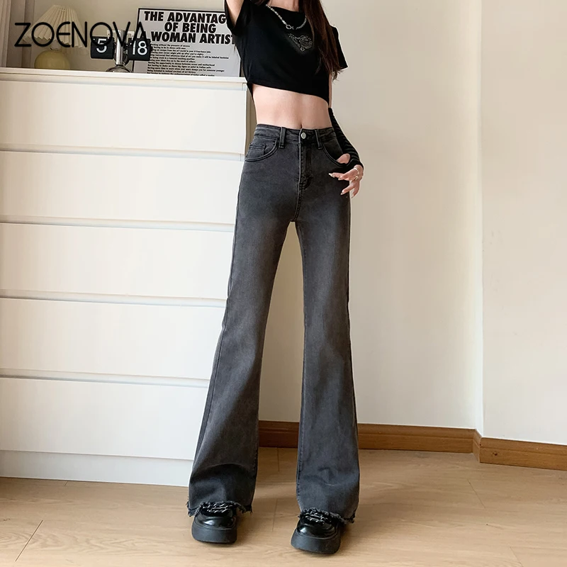 

ZOENOVA High Waisted Flared Pants Stretch Slim Fit Versatile Raw Edge Women Jeans 2024 New Harajuku Street Casual Denim Trousers