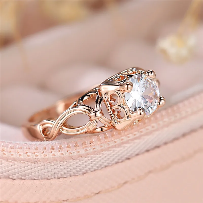 Cute Female White Round Zircon Stone Engagement Ring Vintage Rose Gold Color Wedding Jewelry For Women