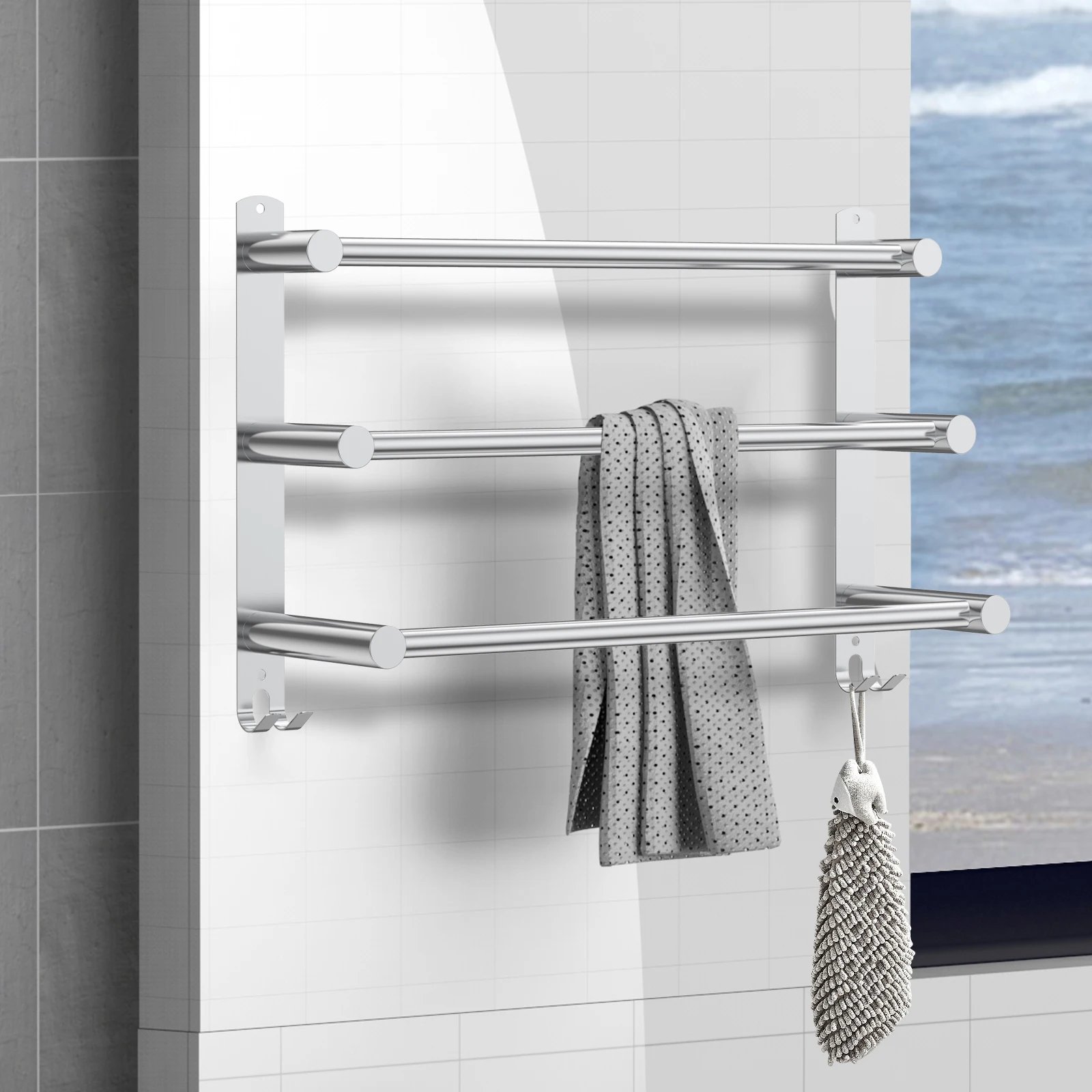 Bathroom 3 Tier Towel Shelf Stainless Steel Towel Rack Bar Space Saving Hangers Bath Storage Wall Mounted Organizer