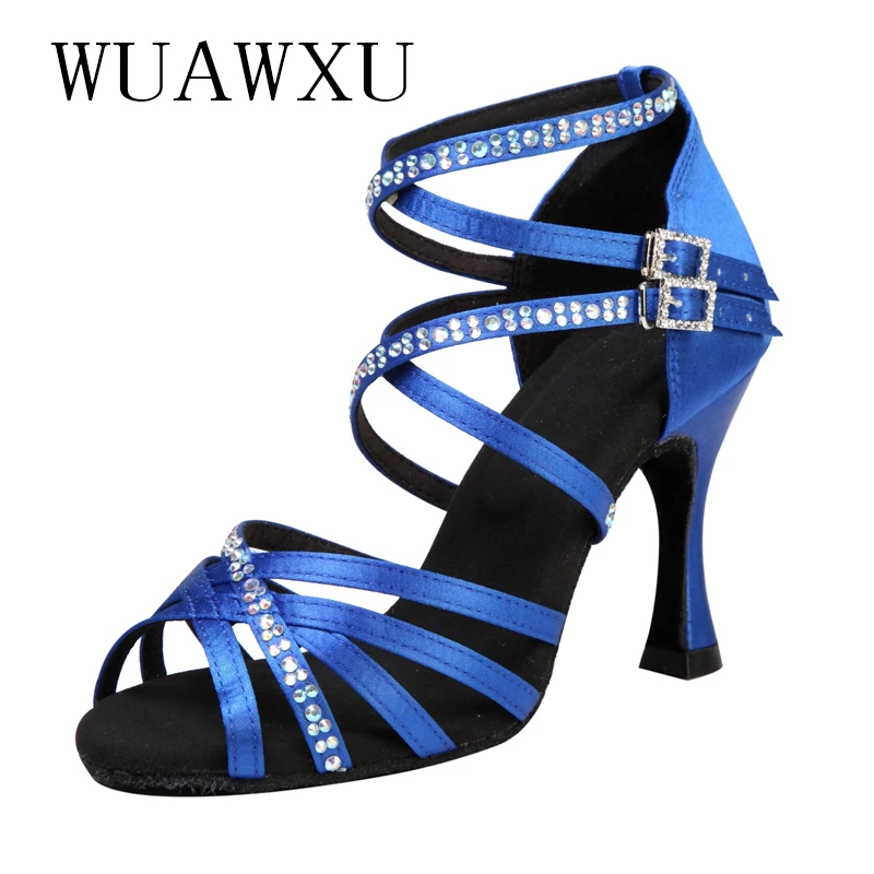 NATASHA 2023 New Latin Dance Shoes Inlaid with Diamond Satin Blue 9cm High Heel Female Adult Soft Sole Social Dance Cha Rumba De