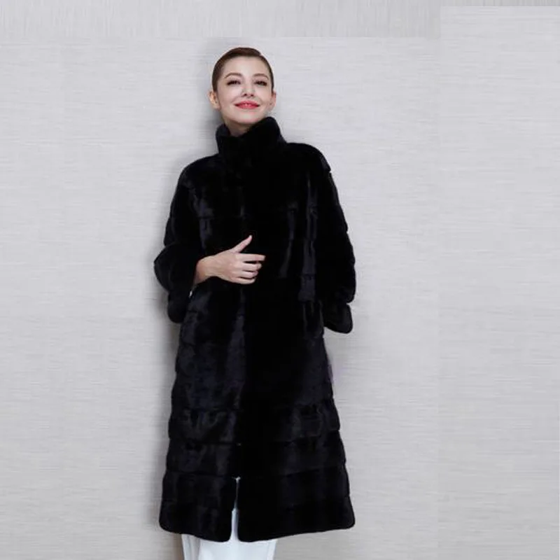 Fur Mink Fur Coat for Women Medium Length Black Fashionable Standing Collar Mink fashionable female mink fur natural winter mink fur knitted long coat