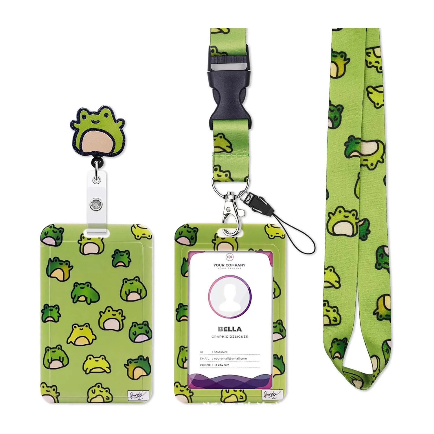 Frosch-Design Ausweishalter mit Einziehfunktion, ID-Kartenhalter mit Schlüsselband, Zugangskarten-Clip für Arbeit, Schule und Mitarbeiter, Kartenrolle für Schlüsselkarten – Detail 1