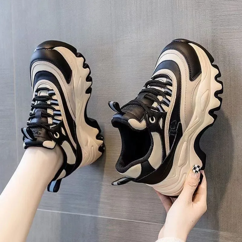 Sneakers Women Casual White Shoes 8CM Fashion Height Increasing Thick Bottom Spring Platform Leather Woman Chunky Sneakers2026