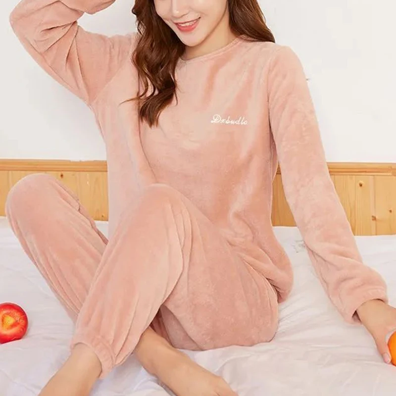 Autumn Winter O Neck Loose Casual Thick Warm Homewear Suit Lady Comfortable Solid Color Add Velvet Pajama Sets Women's Clothing
