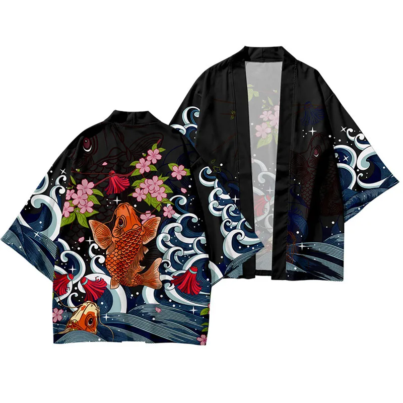 3 To 14 Years kids kimono Japanese Traditional Costume Boys Girl Wave Carp Print Haori Cardigan Jacket Children Beach Wear Cloak