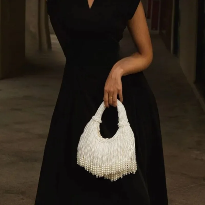 Borsa da sera con manico in perle, pochette di lusso firmata con nappa lunga, borsa a mano da donna fatta a mano dal design alla moda - immagine 5