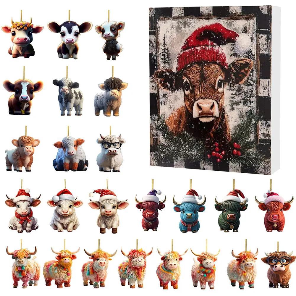 24 Days Christmas Countdown Calendar Acrylic Cartoon Highland Cow Hanging Decorations 2024 Holiday Advent Calendar Gift For Kids