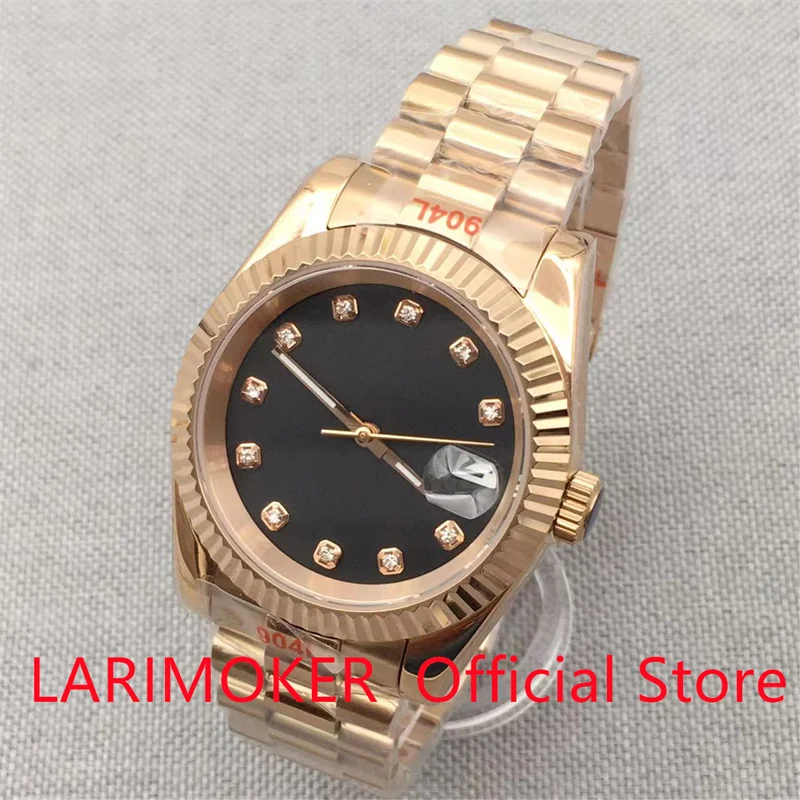 

LARIMOKER 36mm 39mm NH35A Black Dial Diamond Index Automatic Mens Watch Sapphire Glass Rose Gold Fluted Bezel President Bracelet