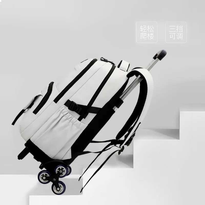 Trolley School Bags for Teenage Boys Solid Color White Black Rolling Backpack High School Backpack with Wheels Student Book Bag 4