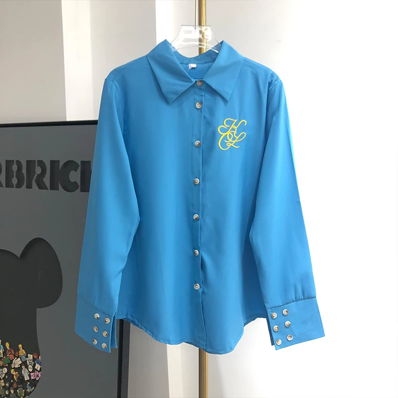 DAYIFUN Blue Embroidered Blouses Women Spring Summer New Solid High Grade Loose Casual Top Blusas Temperament Foreign Poloshirts