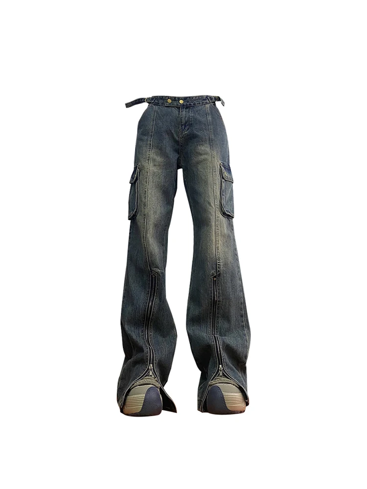 

Women's Vintage Cargo Jeans Streetwear Harajuku Baggy Korean Casual Y2k Straight Denim Wide Leg Pants Trouser With Slit Summer