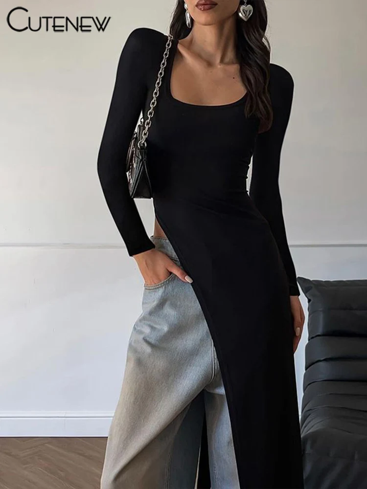 Solid Super Long Tops Women Casual Fashion Full Sleeve Square Neck Splited Skinny Tees Solid Concise Female Classic Wear