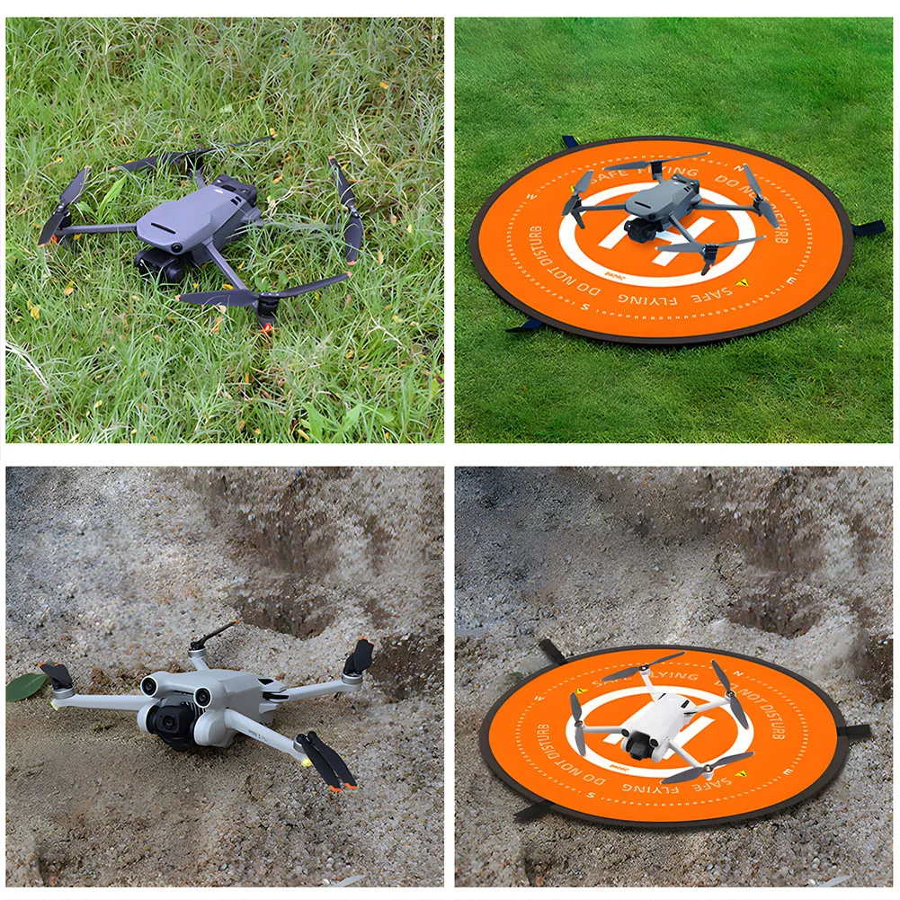 Drone DJI Mini 4 Pro atterrissant sur tapis pliable, protection imperméable et portable en extérieur.