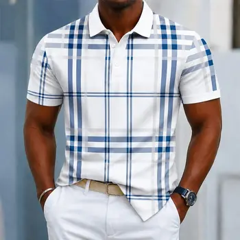 Polo da uomo con stampa classica a quadri blu e bianca, top casual per streetwear primaverile ed estivo e occasioni smart casual
