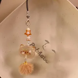 Adorable 3D Kitten Phone Charm with Fluffy Pompom Tail - Creative Cartoon Keychain Pendant - Other (Clear)