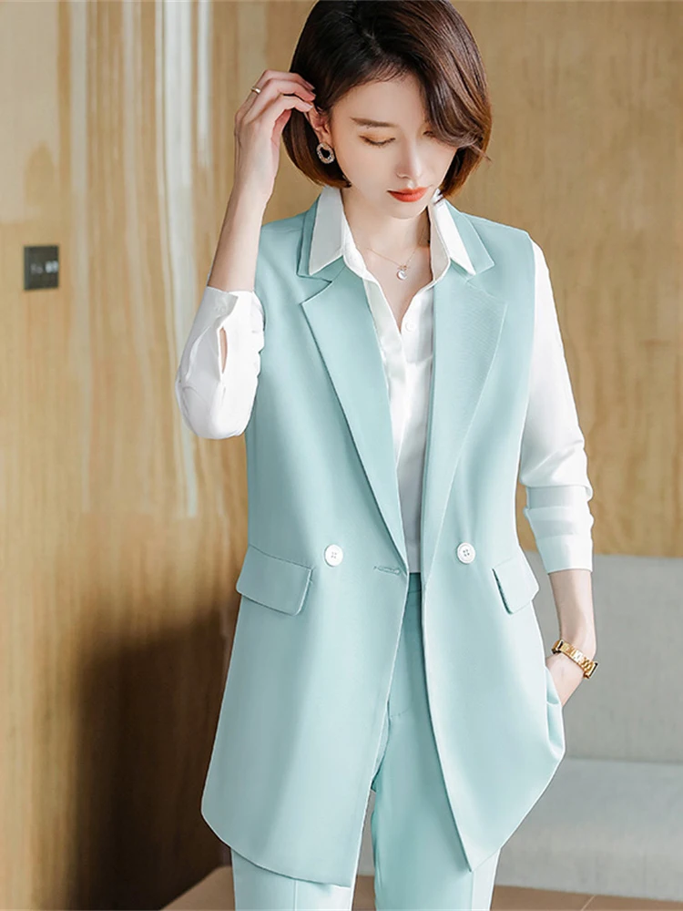 2 Piece Pant and Top Sets Business Suits Work Office Uniform Styles Light Green  Fashion Ladies Waistcoat Vest Women