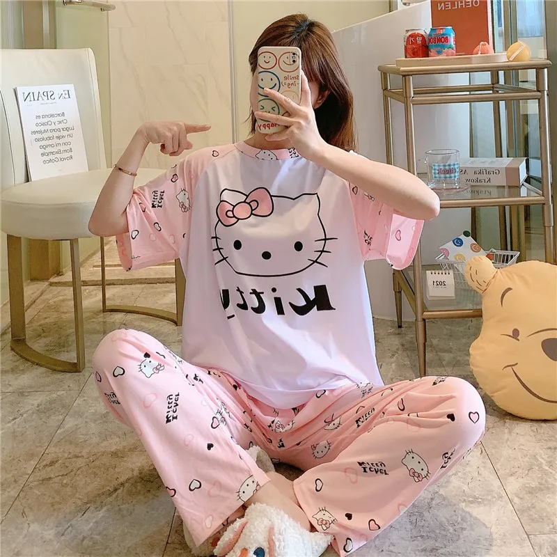 2021 Sanrio Hello Kitty abito a maniche lunghe a maniche corte ragazze  estate nuovo pigiama donna pigiameria